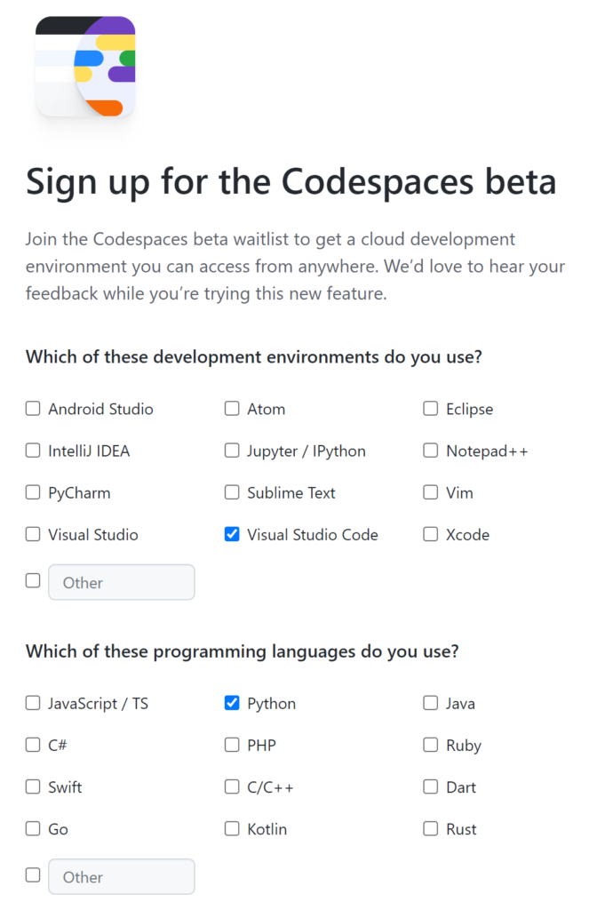 Sign up for the Codespaces beta